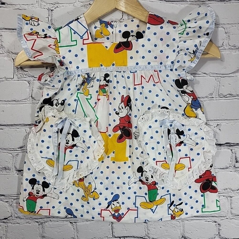 Disney Mickey Minnie Mouse Toddler Pinafore Dress Vintage 80's Handmade 18 mos